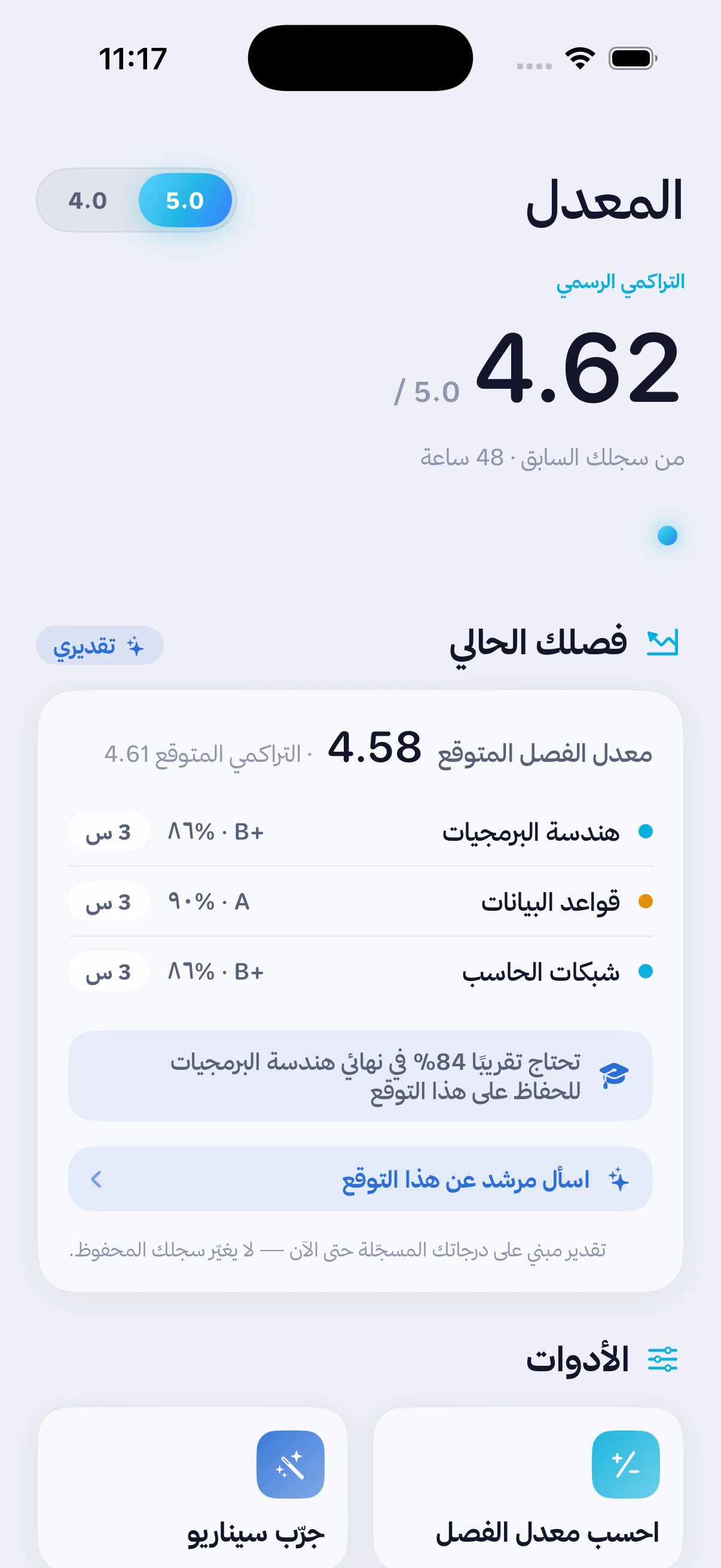 شاشة التقدم الكاملة في مسار تعرض معدلًا تراكميًا 4.62 وثلاث مواد خيالية